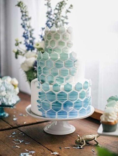 ombre sea glass and blue marble tile wedding cake for a coastal wedding