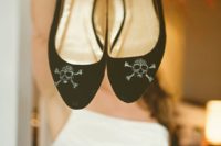 02 black velvet bridal flats with rhinestone skull pins