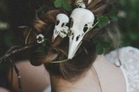 03 a wedding updo with shamrocks, skulls and twigs for a woodland wedding