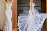 03 strapless lace wedding dress with a plunging neckline looks like another one with a layered tulle overskirt