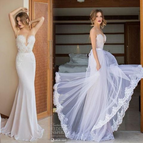strapless lace wedding dress with a plunging neckline looks like another one with a layered tulle overskirt