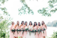 04 The bridesmaids were wearing one-shoulder pink knee wedding dresses