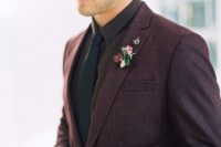 04 a dark purple two piece wedding suit, a brown shirt and a black tie