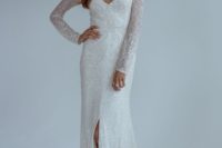 04 a white sequin long sleeve wedding dress with a deep v cut and a front slit looks wow