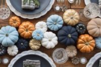 04 blue, white, orange, navy and gilded pumpkins as a fall wedding table runner