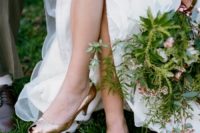 04 copper peep toe shoes and a greenery and herb wedding bouquet