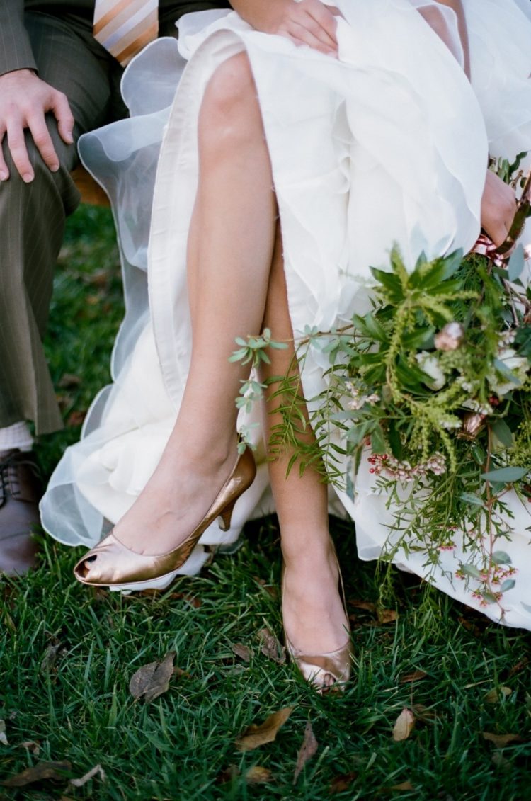 copper peep toe shoes and a greenery and herb wedding bouquet