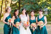 04 teal mismatching bridesmaids’ dresses and bouquets with touces of copper and orange