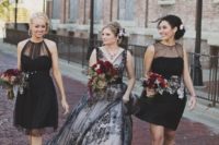 05 a black lace over the blush gown wedding dress and illusion neckline short bridesmaids gowns in black