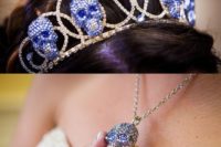 05 a blue rhinestone skull crown and a matching necklace for a daring bride