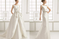 05 a modern plain wedding dress with a bateau neckline and a full overskirt of the same fabric
