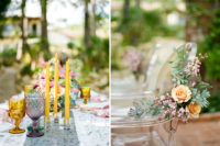 The chairs were decorated with orange and pink blooms