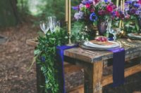 07 a bold purple runner and a greenery one over it for a jewel-tone wedding