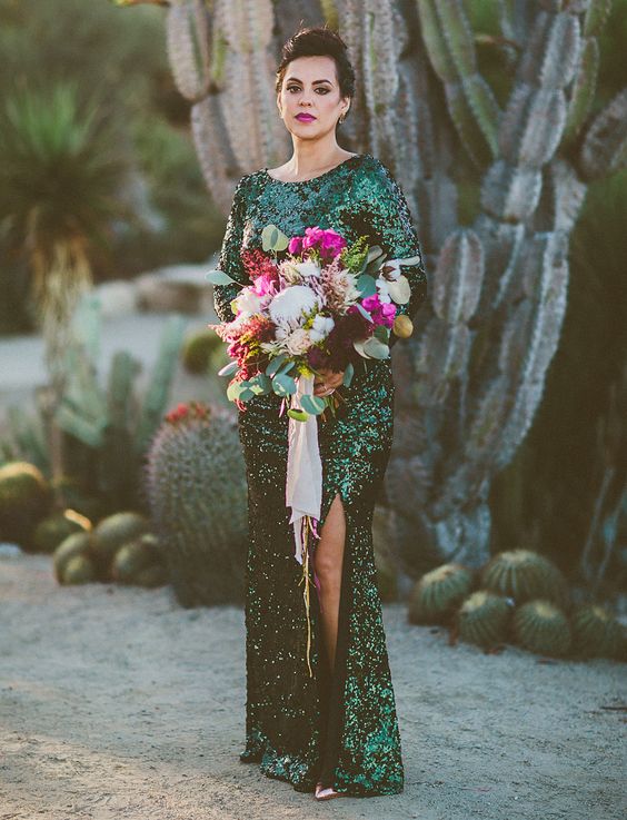 emerald sequin wedding dress with a bateau neckline, long sleeves and a side slit, copper shoes