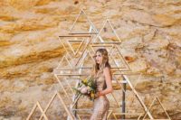 08 a copper sequin wedding dress with a side slit and wide straps for a boho bride