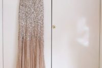 08 a nude wedding dress with a silver sequin bodice, cap sleeves and a train will be amazing for any glam bride