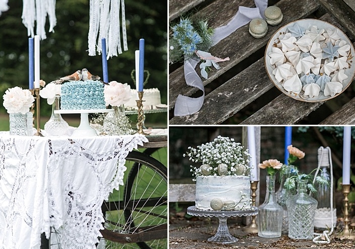 Flowers in bottles, ribbons and small touches gave a vintage feel to the wedding decor