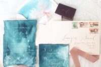 09 beautiful watercolor teal wedding stationary with white calligraphy and copper details