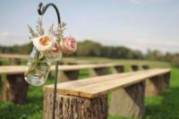 09 tree stumps with wooden planks on them, simple blooms are right what you need for a ranch wedding
