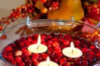 10 a glass bowl with cranberries and floating candles for a fall or winter wedding