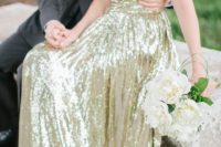 11 a strapless gold sequin wedding dress is a perfect glam option that will never go out of style