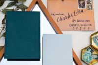 11 pressed teal and copper wedding invites for a mid-century modern wedding