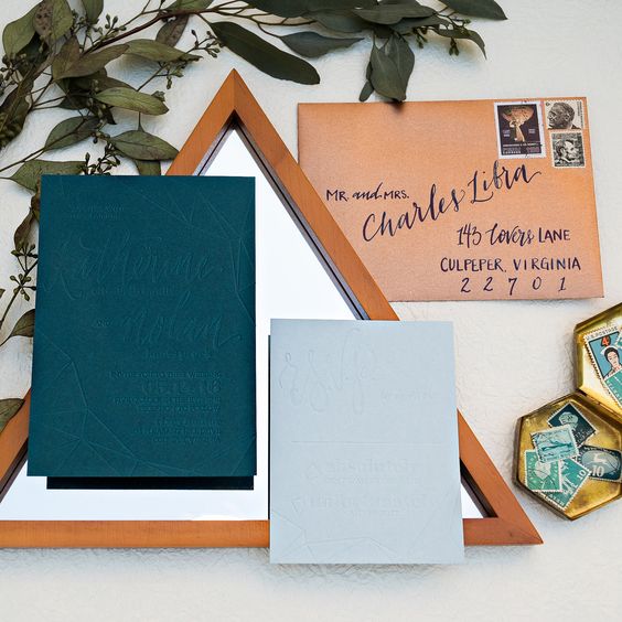 pressed teal and copper wedding invites for a mid-century modern wedding