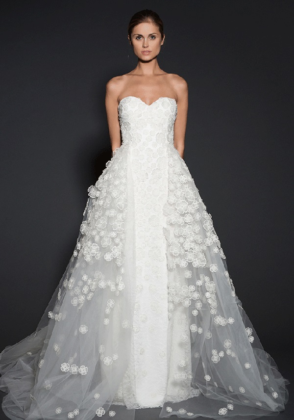 floral lace applique sheath wedding dress with an additional tulle overskirt for the ceremony
