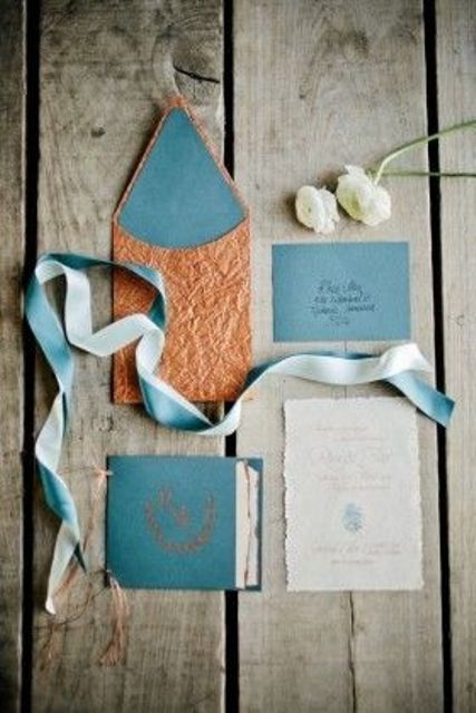 teal and copper wedding stationary