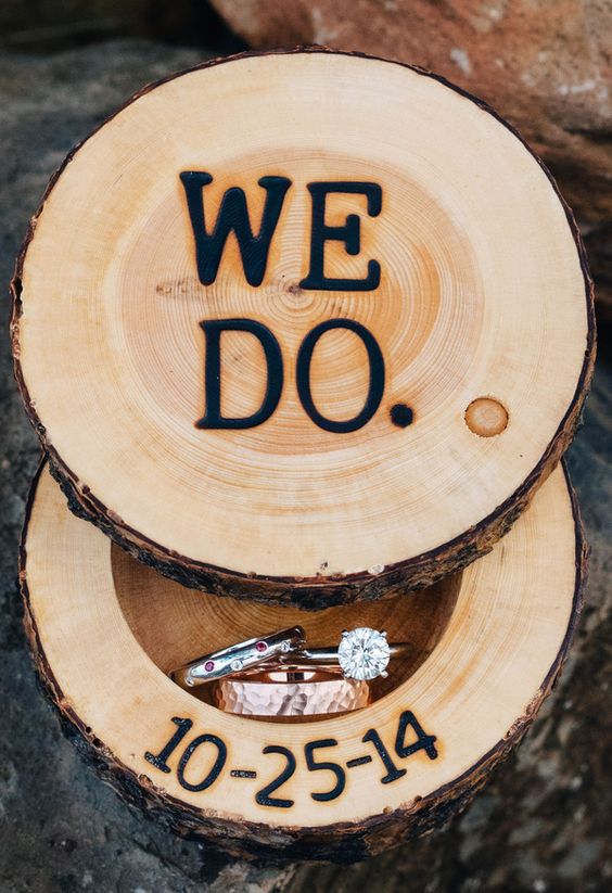 wooden ring box with burnt letters is a creative and cute idea for any rustic wedding