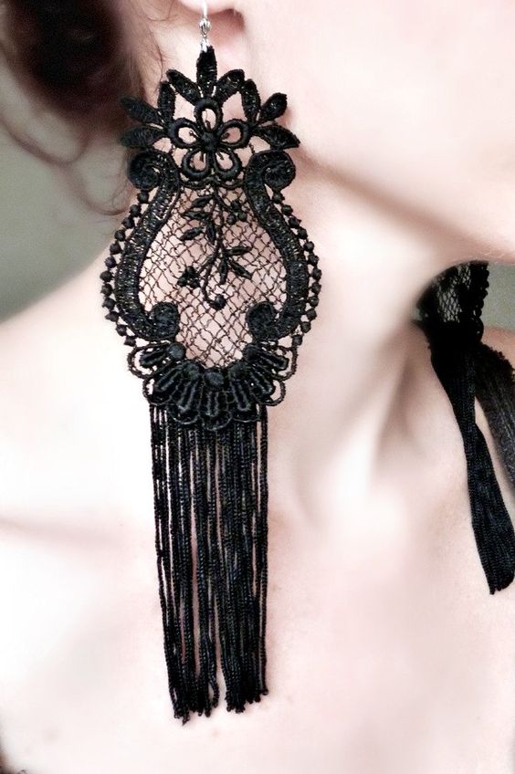 Victorian black lace fringe earrings for a vintage-inspired or Gothic bride
