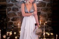 14 a wide strap silver sequin wedding dress with a layered lavender-colored skirt to create a unique bridal look