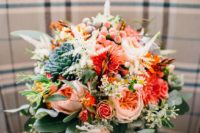 14 beautiful and textural wedding bouquet in peachy and orange shades and with scculents