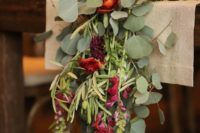 14 greenery, red and burgundy bloom wedding table runner will embrace the season