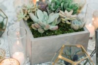 15 a whitewashed wooden box with moss and various succulent for a modern wedding