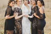 15 mismatching black lace bridesmaids’ dresses and a white lace gown for the bride to stand out