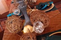 17 copper and teal wedding tablescape with large balls and printed glasses