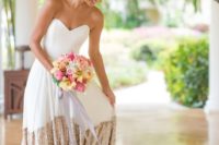 17 strapless sweetheart creamy wedding dress with a copper sequin skirt and a train by Truvelle