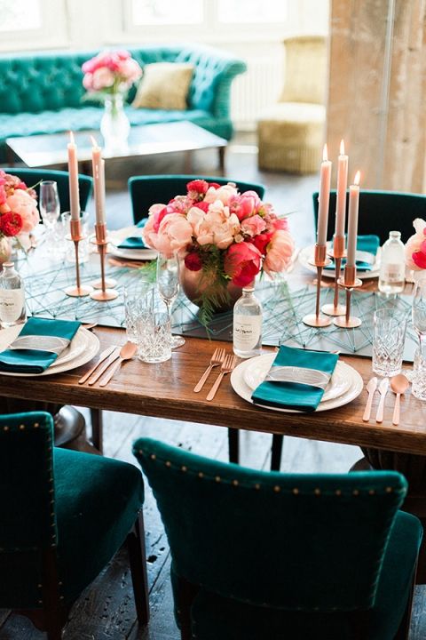 teal chairs, napkins and string table runner plus copper vases, flatware and candle holders look wow