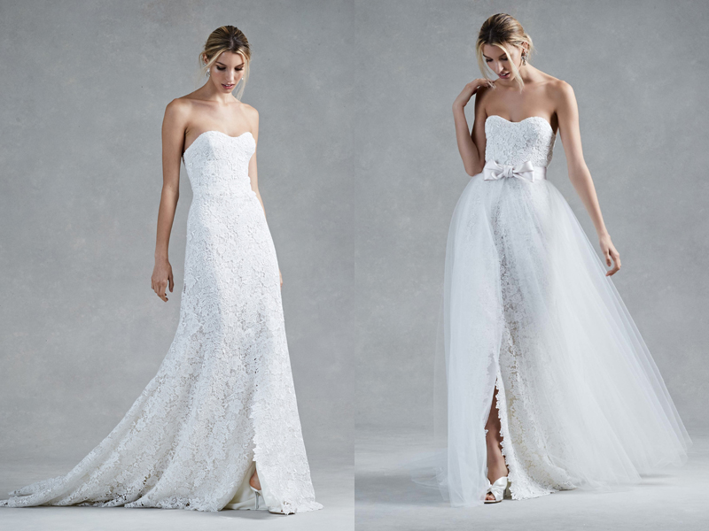 Strapless lace A line wedding dress and a lace overskirt with a bow for more volume