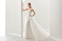 21 strapless lace sheath wedding dress with a lace overskirt that turns it into a beautiful ballgown