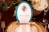 22 copper flatware, chargers and teal and white wedding menu look refined