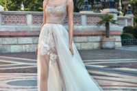 22 spaghetti strap beaded and embroidered bodice short dress with a long tulle overskirt for the ceremony
