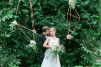 25 copper himmeli hanging decorations with greenery and white blooms, lsuh greenery for a wedding backdrop