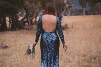 26 backless navy sequin wedding dress with long sleeves is a fresh idea to make a statement