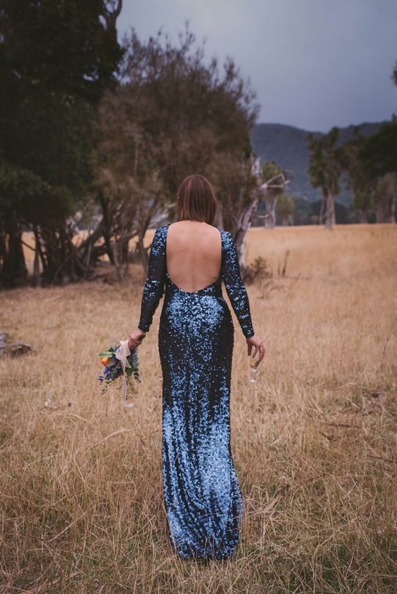 backless navy sequin wedding dress with long sleeves is a fresh idea to make a statement