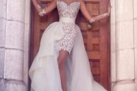 27 illusion strapless short lace wedding dress with a full lace overskirt for the ceremony