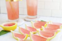 27 pink jello shots shaped as citrus slices look cute and taste nice