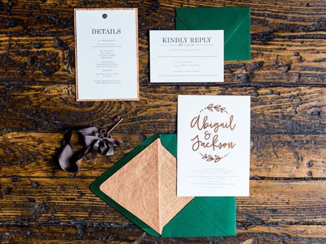 emerald stationary with copper lining and calligraphy