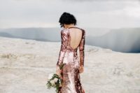 28 pink sequin long sleeve backless wedding dress with a small train looks stunning and shining